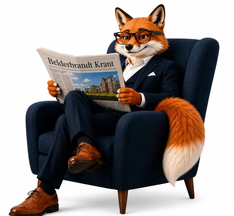 De Belderbrandt-vos leest De Belderbrandt Krant in een leunstoel